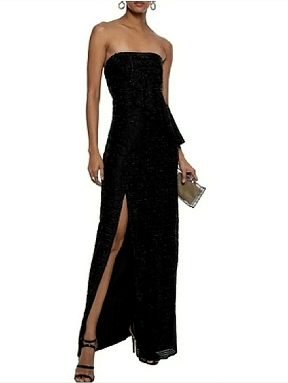 NWOT HALSTON Formal Shimmer Black Strapless Bustier Ruffles Slit Long  Gown 6